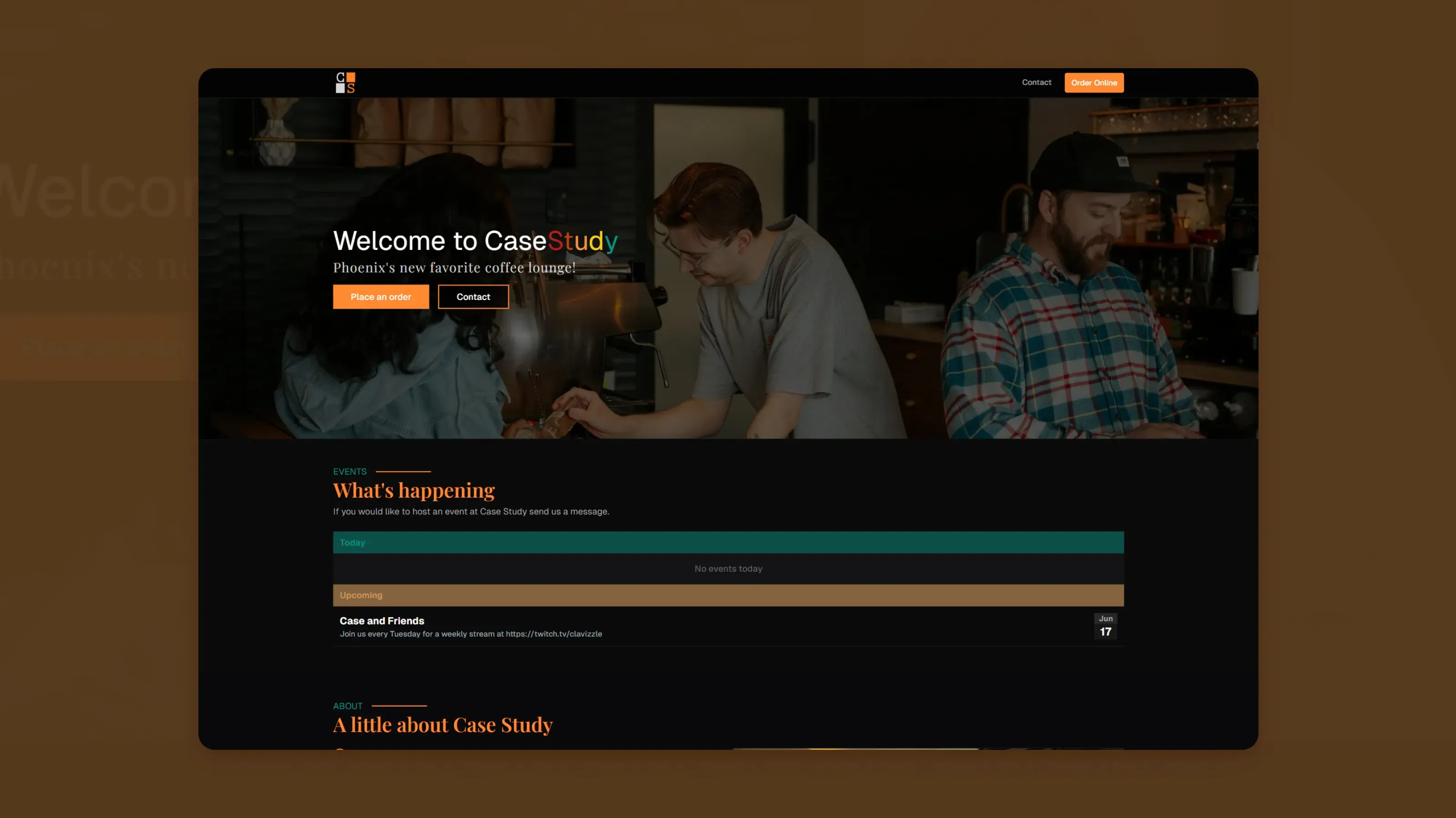 Screenshot of Case Study Coffee Lounge website homepage