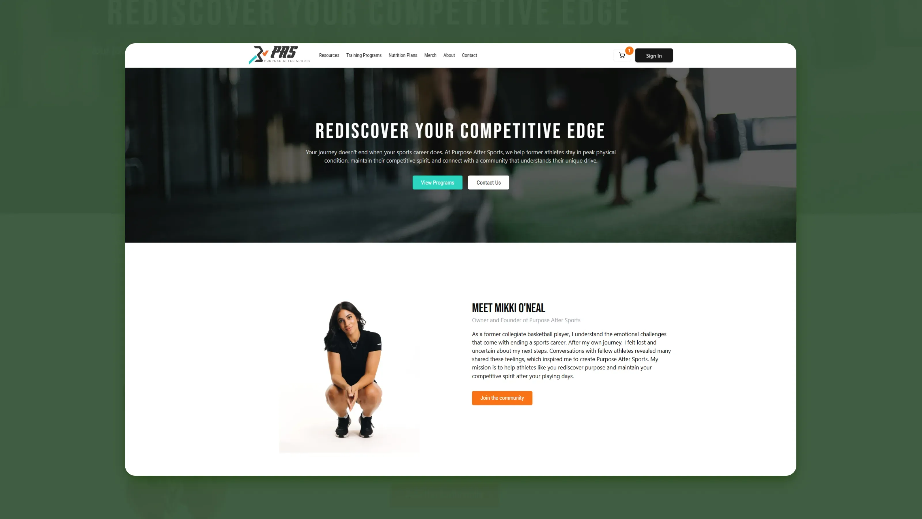 Screenshot of Purpose After Sports website homepage