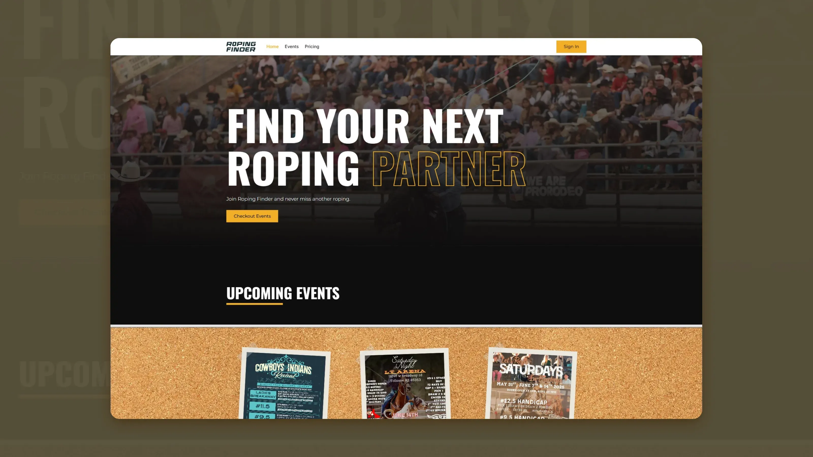 Screenshot of Roping Finder event app homepage