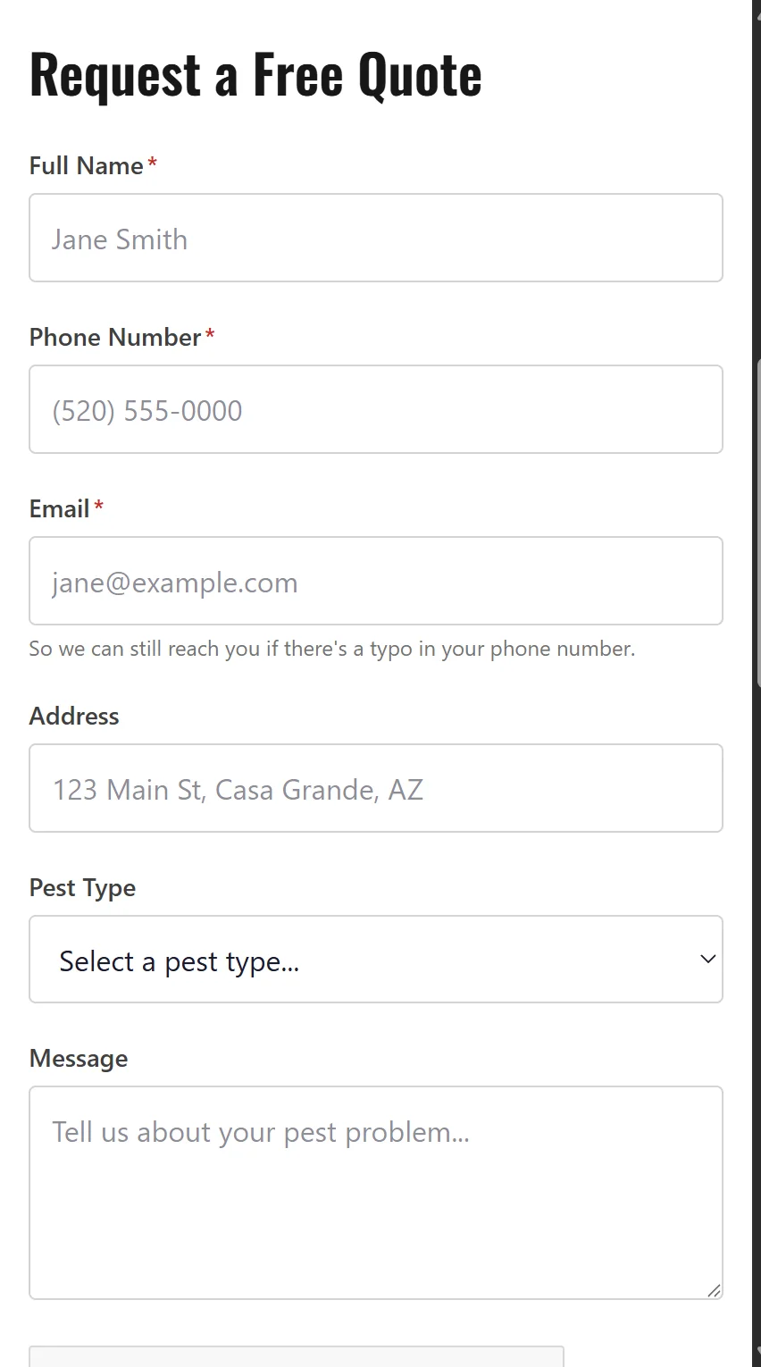 Request a Free Quote contact form on mobile