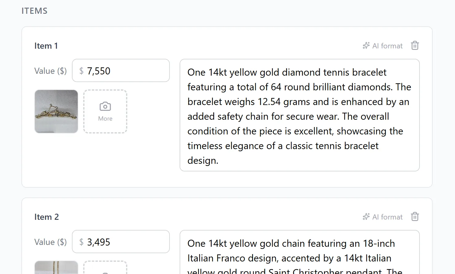 Gerrish Jewelers appraisal form showing item details and the AI Format button
