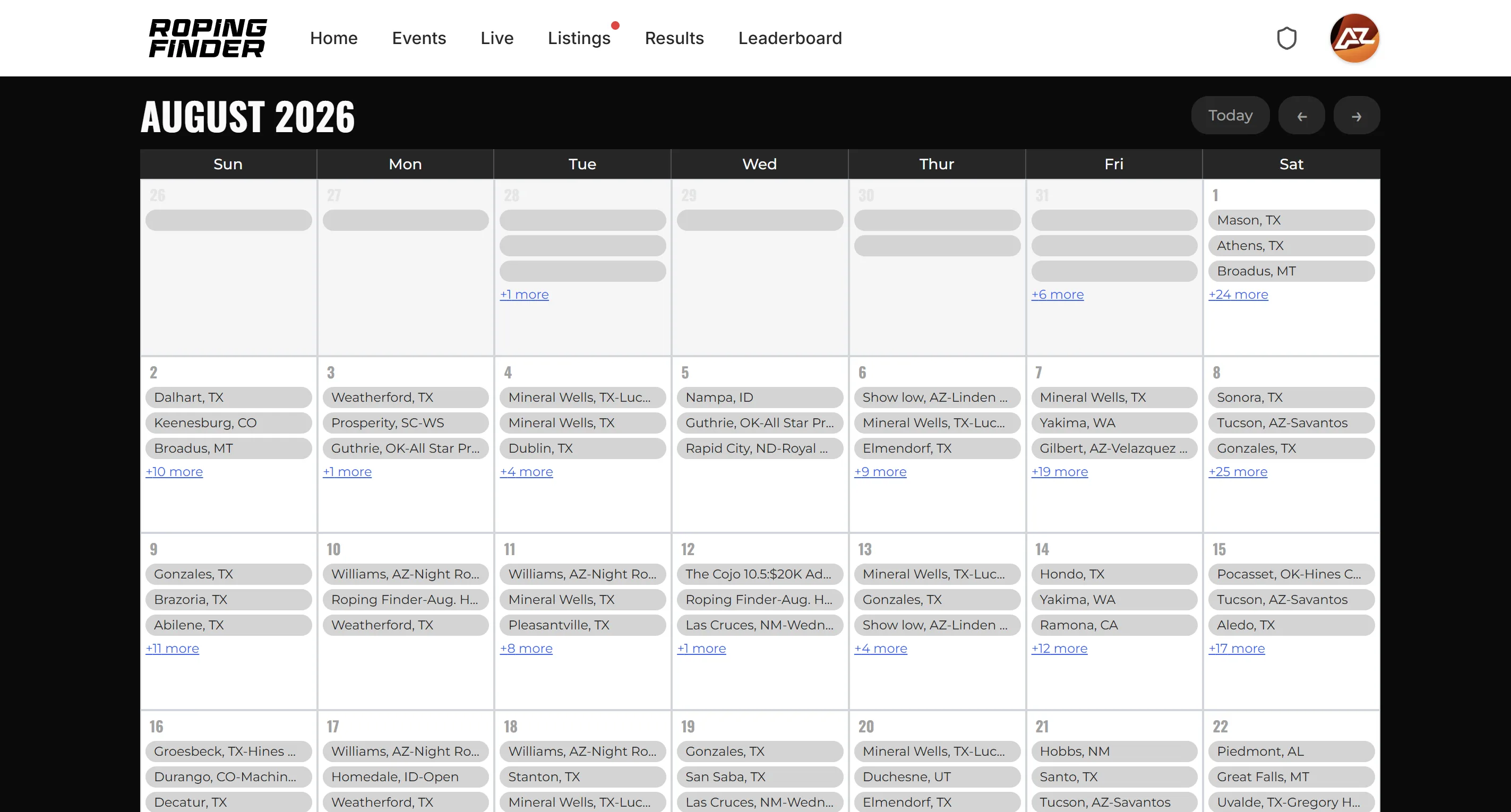 Roping Finder events calendar showing August 2026 with dozens of events