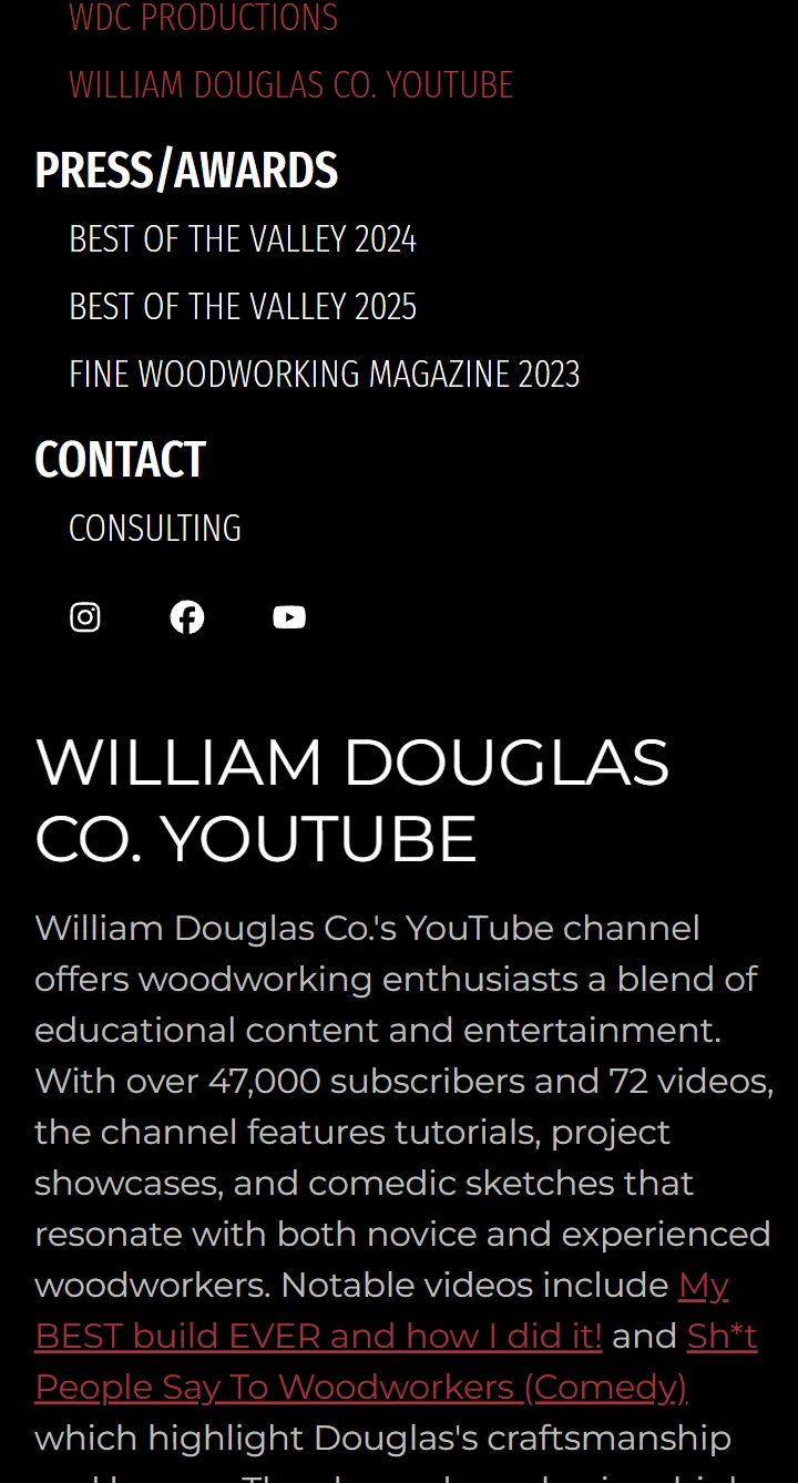 William Douglas Co. mobile navigation open showing site sections